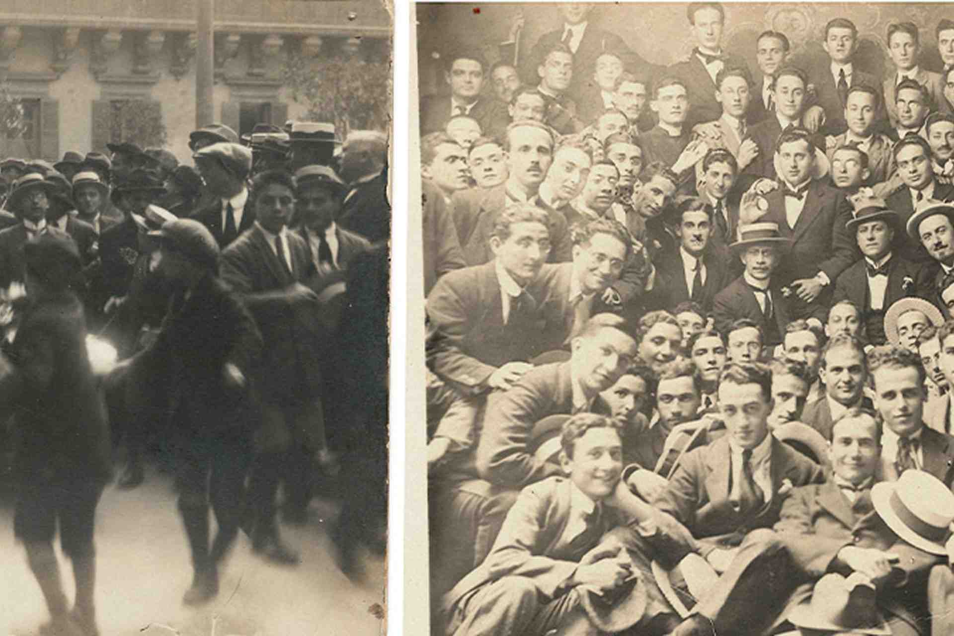 Two sepia photographs side by side showing scenes from the Sette Giugno 1919 uprising in Malta: a street confrontation on the left and a large crowd of young men on the right