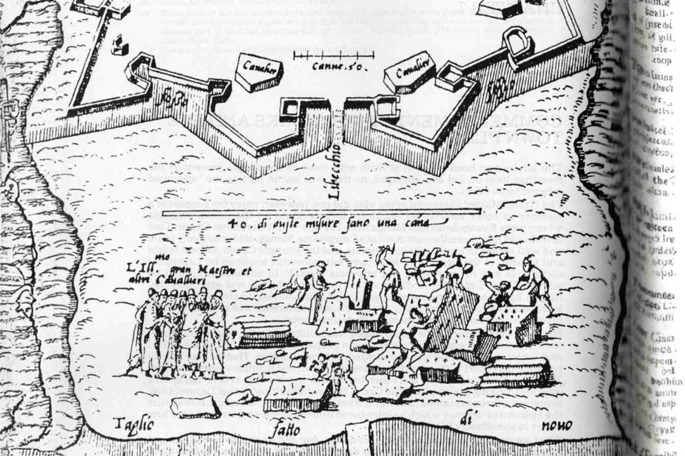 Historic black and white plan showing fortification walls, workers and early construction activity in Valletta.