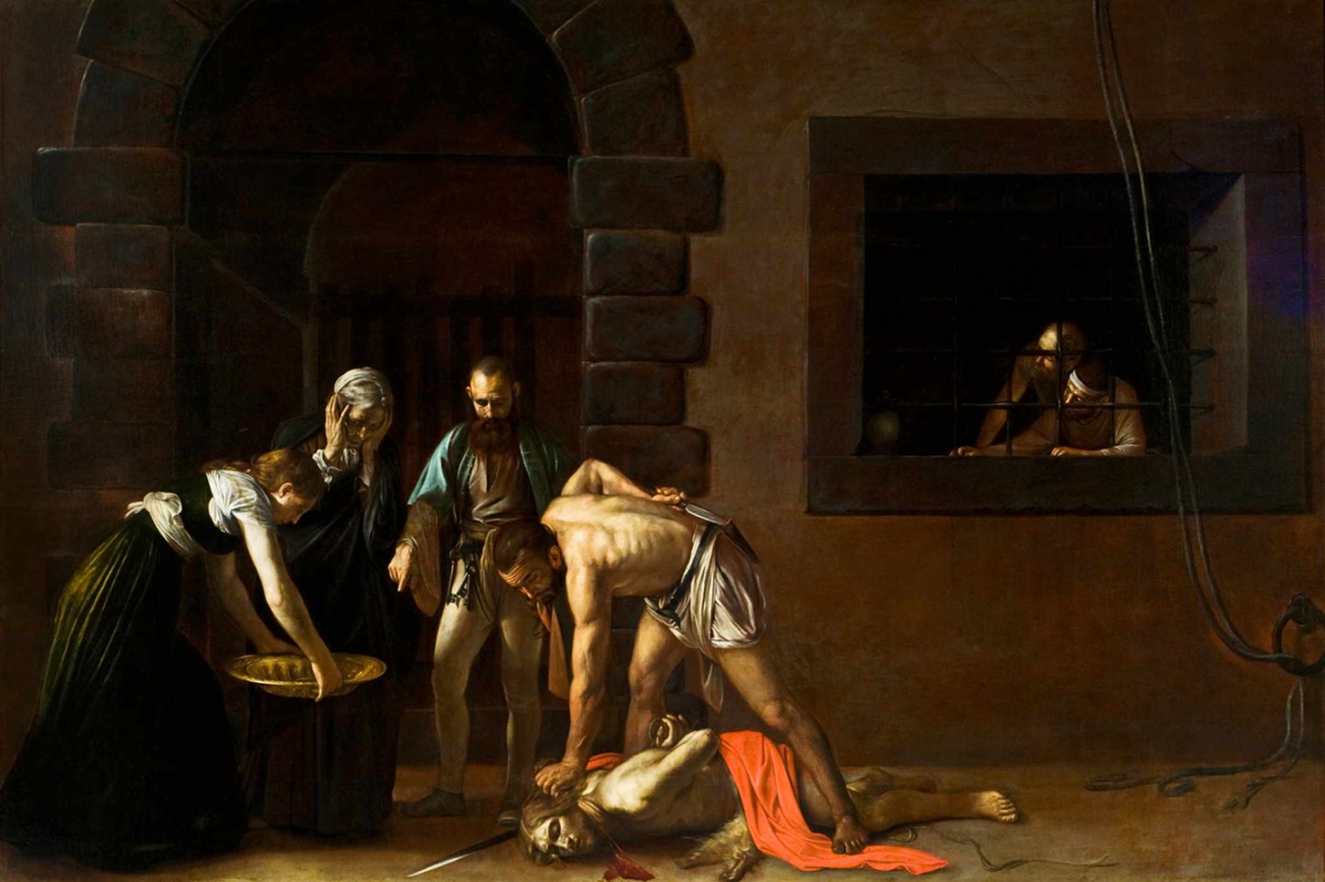 Dramatic religious painting showing the beheading of St John the Baptist in a prison courtyard.