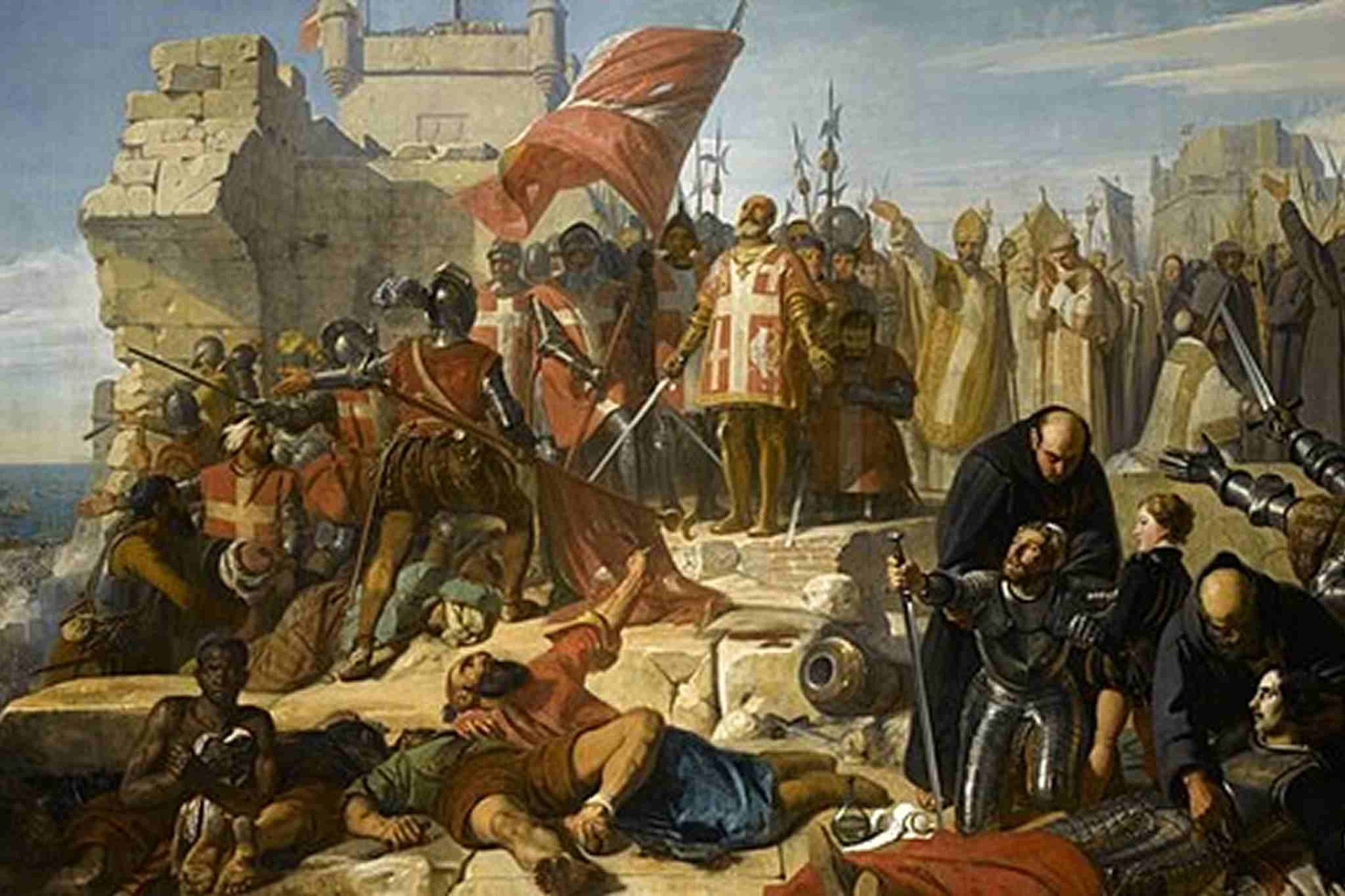 Historical painting showing the Knights of St John and soldiers during the Great Siege of Malta.