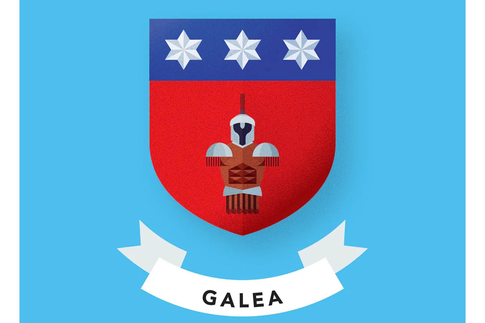 Close-up of the Galea family coat of arms, showing an armoured Roman soldier in a red field below a blue band bearing three white eight-pointed stars, with a white scroll banner on a light blue background