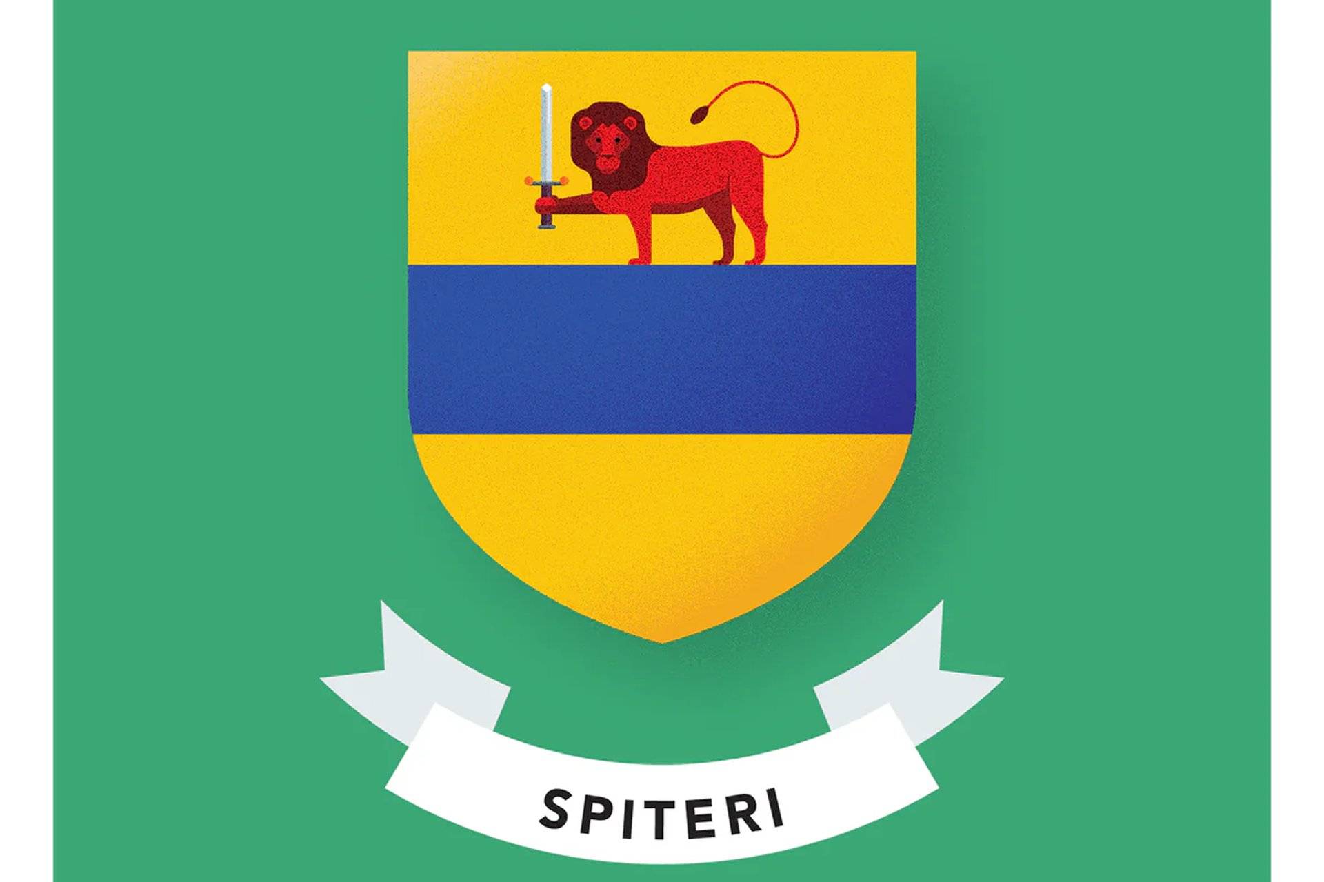 Coat of arms for the Maltese surname Spiteri on a green background, depicting a red lion holding a sword upright on a gold and blue horizontally divided shield, with a white ribbon banner below