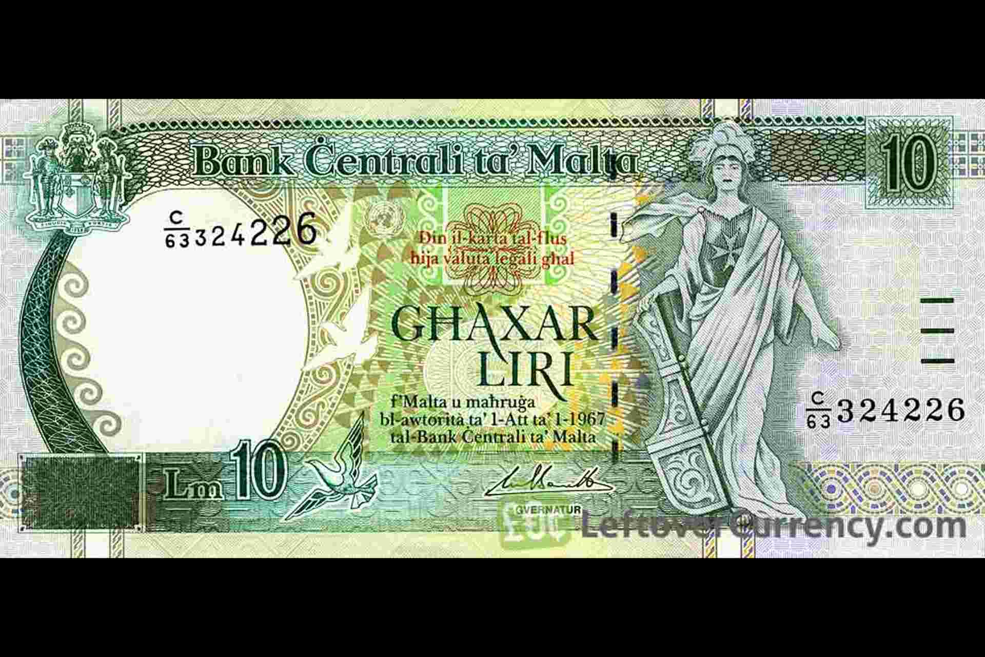 Maltese ten-lira (Għaxar Liri) banknote issued by the Bank Ċentrali ta' Malta, featuring a classical allegorical female figure on the right and the Maltese coat of arms on the left.