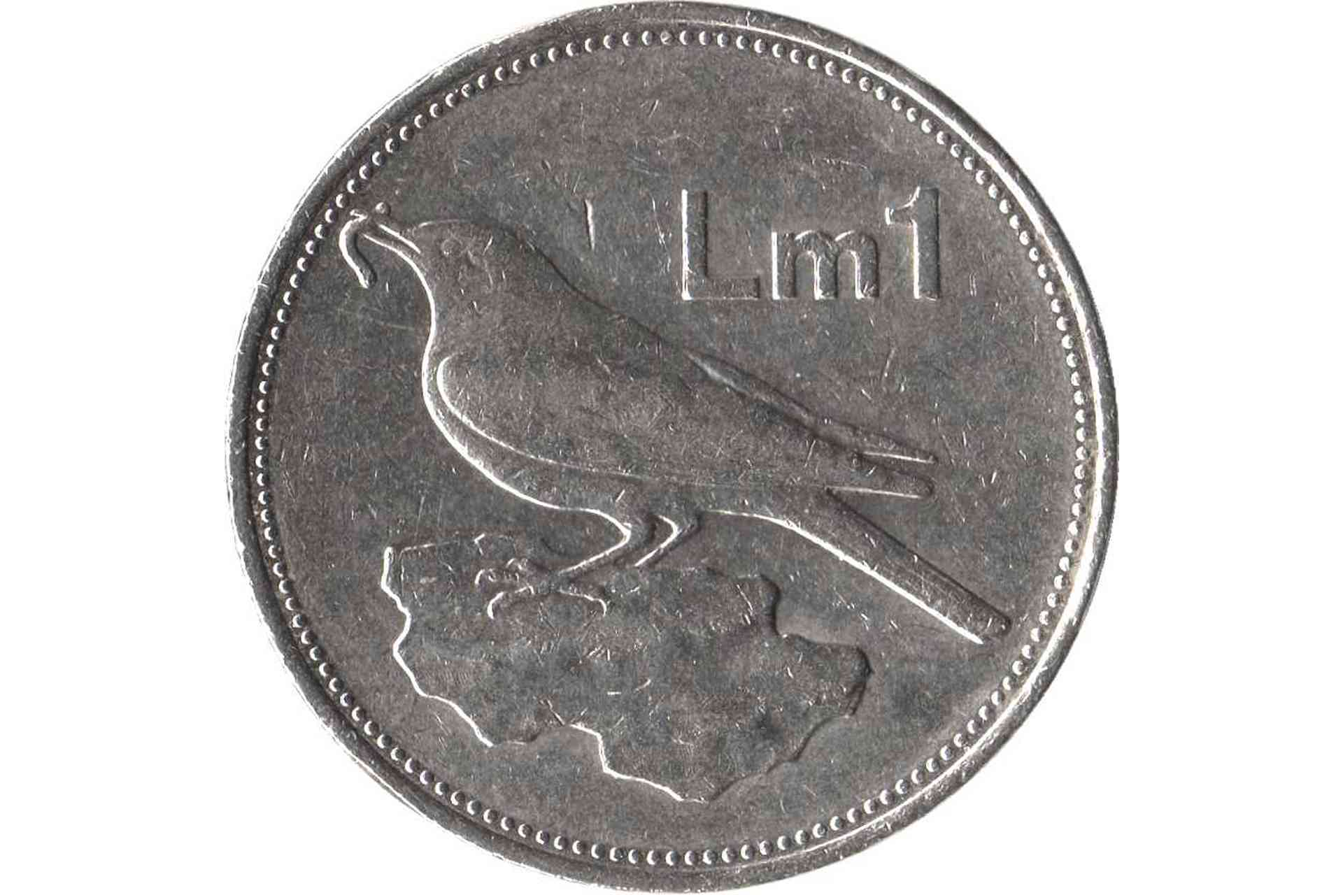 Reverse of a Maltese Lm1 coin showing a Blue Rock Thrush, Malta's national bird, perched on a rock shaped like the Maltese islands.