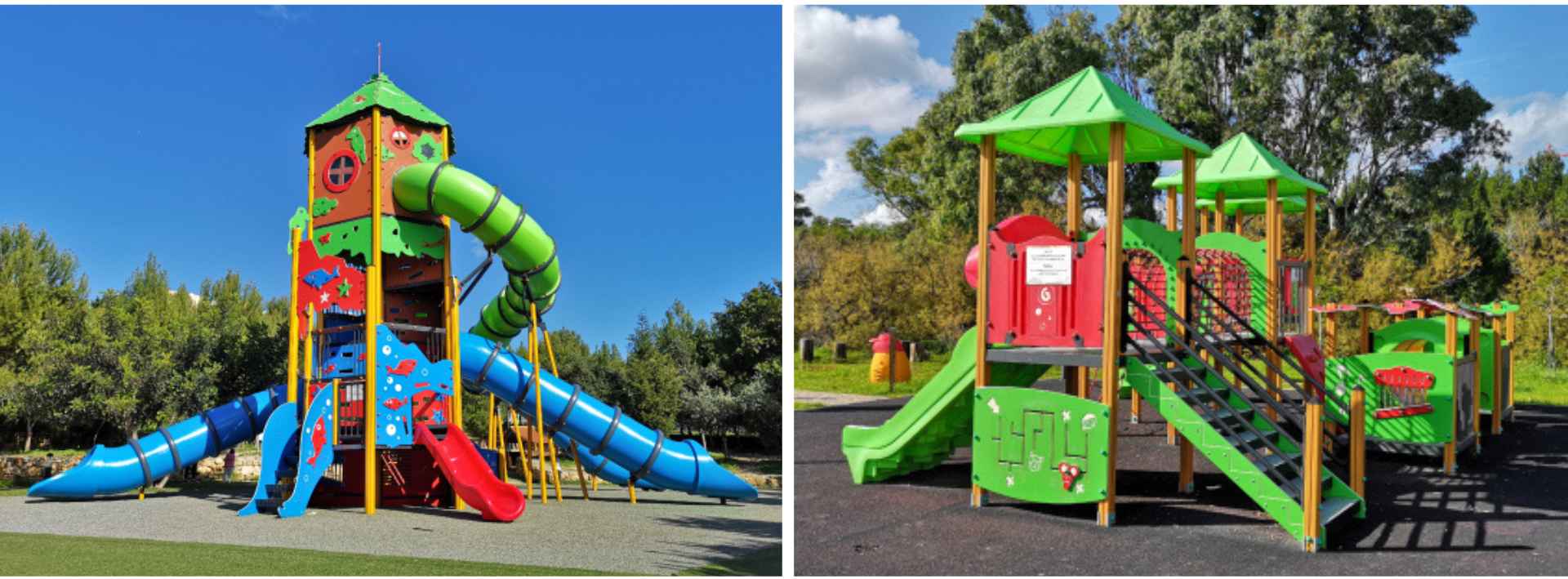 two kids' playhouses in a playground